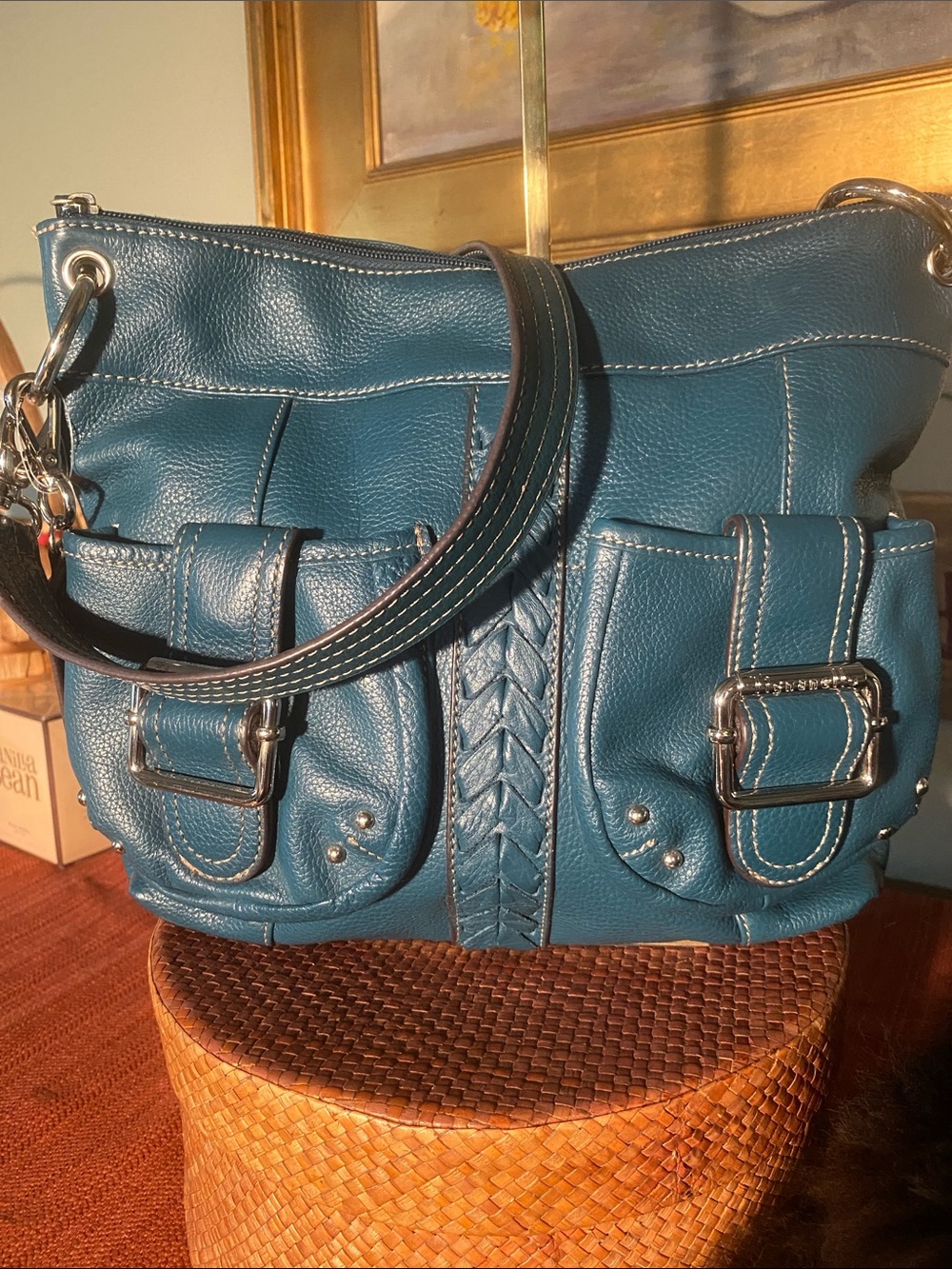 Tignanello Women’s Teal Leather Double Front Pocket shoulder crossbody bag.